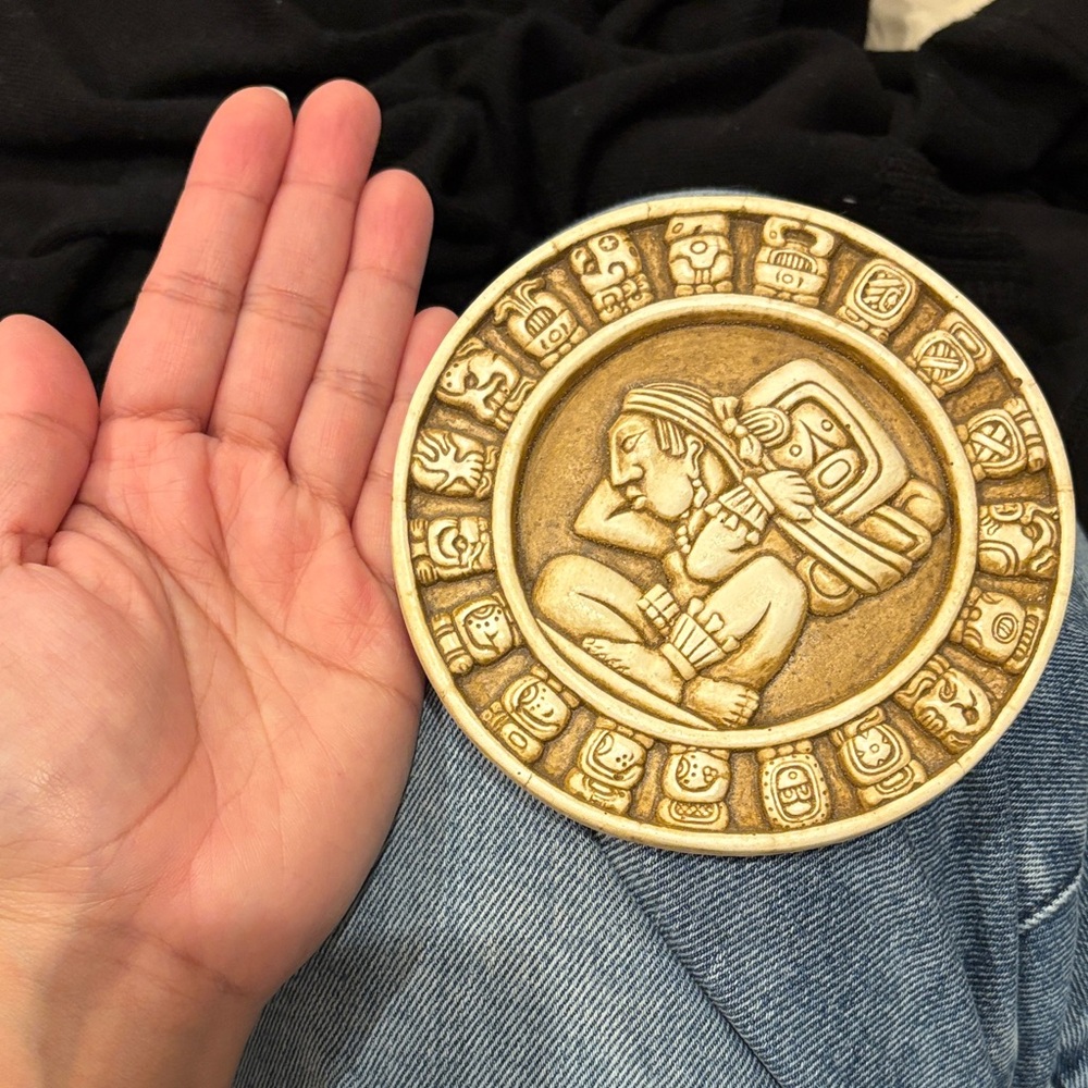 Decorative Mayan-Inspired Brass Medallion | Gold Tone